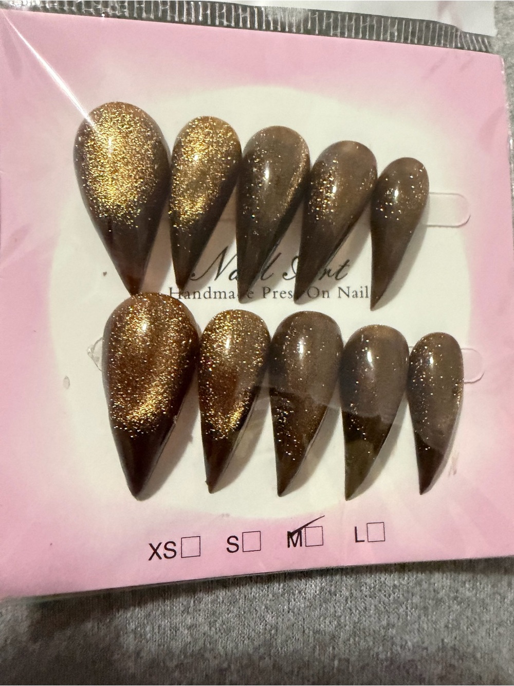 Handmade Stiletto Press-On Nails - Brown with Gold Glitter